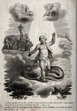 view Christ trampling the head of the serpent; Moses lifting up the serpent on a cross-shaped pole (Num. 21.8-9). Etching by P. Rothwell.