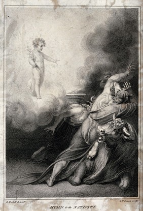 The Christ Child appearing in triumph, with threatening animals and demons. Stipple engraving by J.-P. Simon after R. Westall.