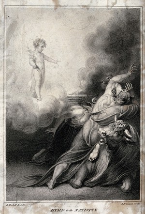 view The Christ Child appearing in triumph, with threatening animals and demons. Stipple engraving by J.-P. Simon after R. Westall.