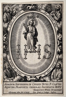 Christ standing within the monogram of the name of Jesus. Engraving by Hieronymus Wierx.