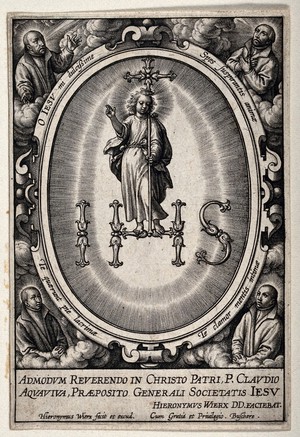 view Christ standing within the monogram of the name of Jesus. Engraving by Hieronymus Wierx.