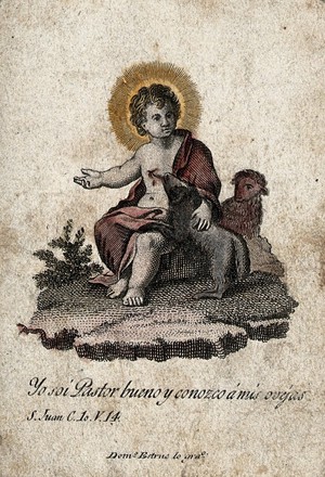 view Christ as the Good Shepherd. Coloured engraving by D. Estruch y Jordán.