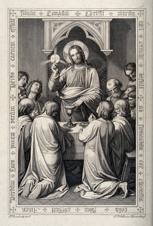 view The Institution of the Eucharist. Engraving by J. Keller after F. Overbeck.