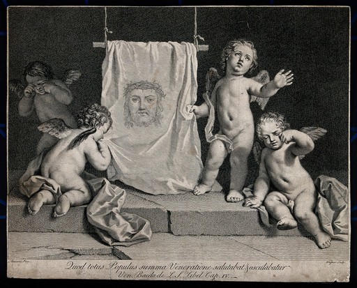 The Veronica presented by crying angels. Engraving by Wagner after Amiconi.
