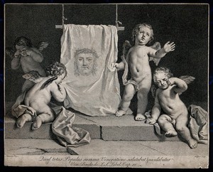 view The sudarium of Saint Veronica presented by weeping angels. Engraving by J. Wagner after J. Amigoni.