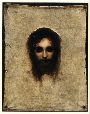 view The veronica (sudarium of Saint Veronica), representing the face of Christ. Colour collotype after Gabriel Max.