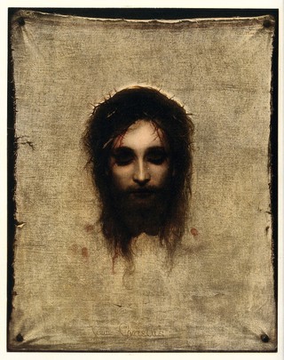The veronica (sudarium of Saint Veronica), representing the face of Christ. Colour collotype after Gabriel Max.