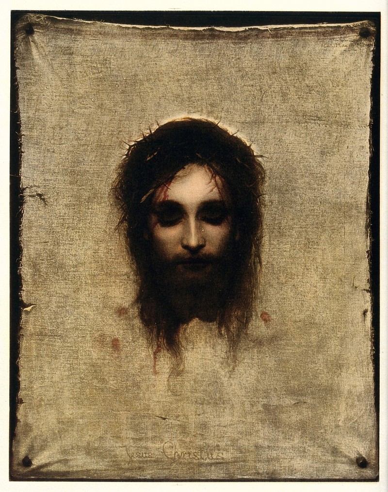 The veronica (sudarium of Saint Veronica), representing the face of Christ. Colour collotype after Gabriel Max., by Gabriel von Max