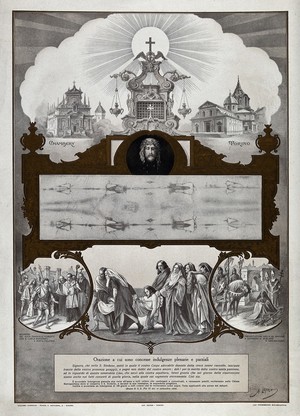 view The Holy Shroud of Turin, the Sainte Chapelle at Chambery and S. Giovanni Battista at Turin; the encounter of Duke Emanuel Philibert of Savoy with Saint Carlo Borromeo at the Porta Palatina; the entombment of Christ' and the presentation of the Holy Shroud to Godfrey of Bouillon in Jerusalem. Colour lithograph by A. Layolo.