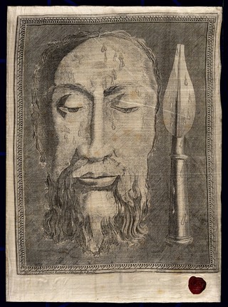 The Veronica and the Holy Lance, which are venerated in S. Peter's at Rome. Engraving printed on silk.