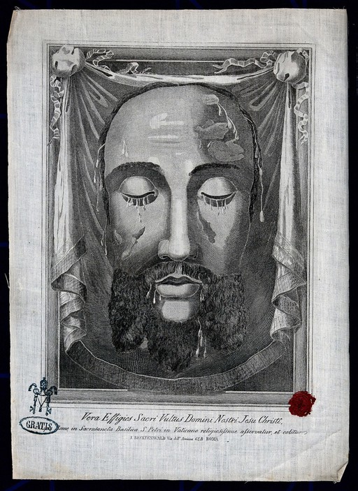 The Veronica which is venerated in St. Peter's in Rome. Engraving printed on canvas.