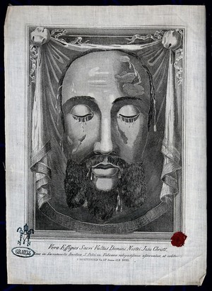 view The veronica (sudarium of Saint Veronica), representing the face of Christ. Engraving.