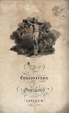 The Crucifixion of Christ with the Virgin, Saint John the Evangelist, Saint Mary Magdalene and a view of Jerusalem. Engraving by J. Scott after E. S. Burney.