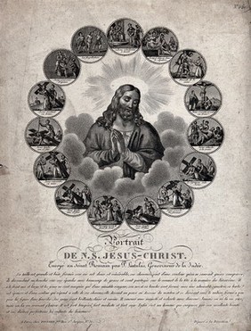 Jesus Christ surrounded by fifteen stations of the Passion. Engraving.