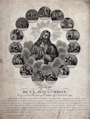 view Jesus Christ surrounded by fifteen stations of the Passion. Engraving.