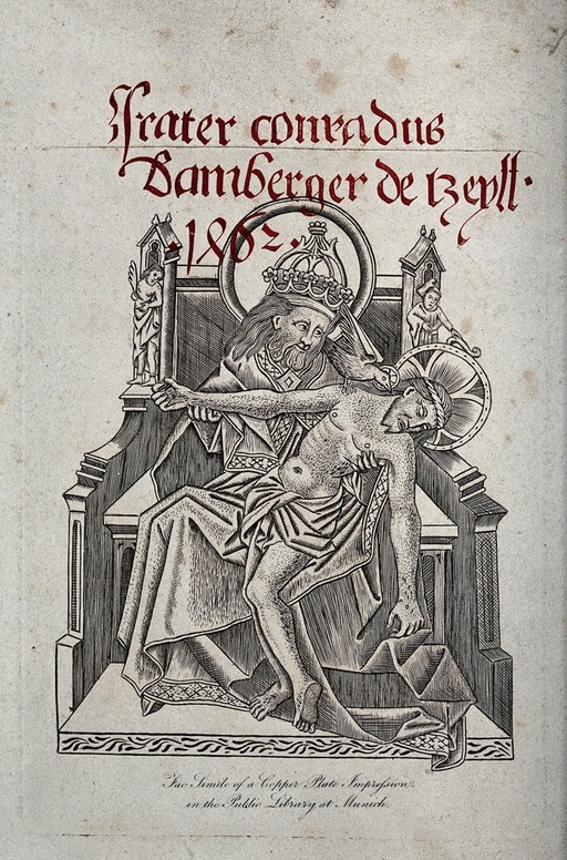 The Chair of Grace, God the Father presenting the dead Christ. Facsimile of an engraving.