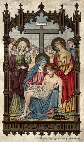 The Lamentation over the dead Christ. Colour lithograph.