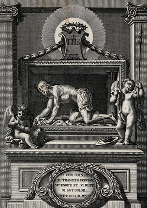 view The Christ as Man of Sorrows in the College Church of Antequera. Engraving by J.M. Martin.