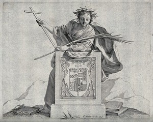 view A young man (representing sanctity?) holding the cross and a palm branch leans over a coat of arms; on the ground are two books. Etching by C. Mellan.
