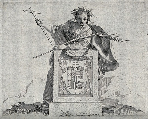A young man (representing sanctity?) holding the cross and a palm branch leans over a coat of arms; on the ground are two books. Etching by C. Mellan.