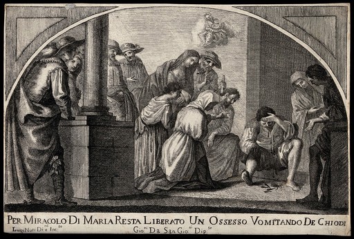 The Virgin miraculously heals an obsessed by making him vomit nails. Etching by Luigi Nuti after Giovanni da san Giovanni.