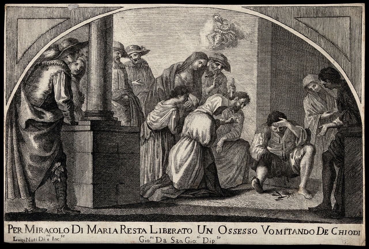 The Virgin miraculously heals a man possessed by a devil by making him vomit nails. Etching by Luigi Nuti after Giovanni da san Giovanni., by Giovanni da San Giovanni