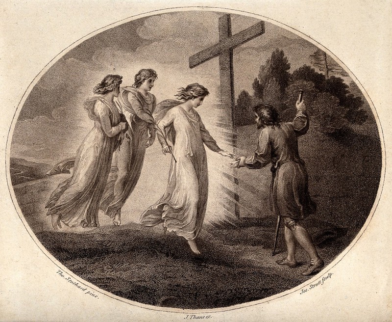 Three angels appear to Christian. Engraving by Joseph Strutt after Thomas Stothard., by Thomas Stothard