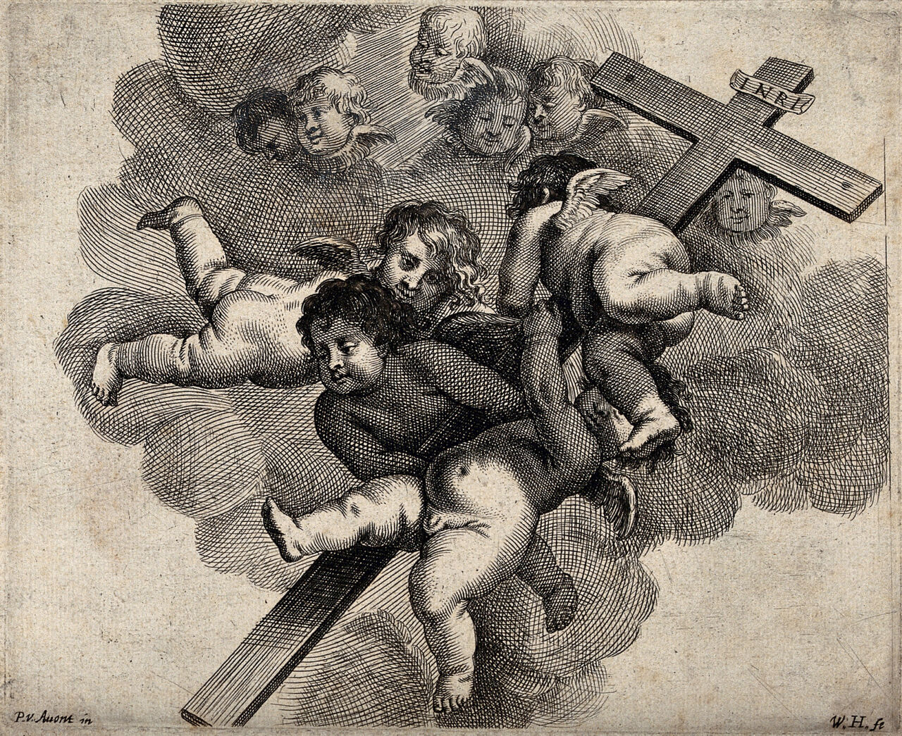 Angels presenting the Cross. Engraving by W.H. after P. van Avont., by Pieter van Avont