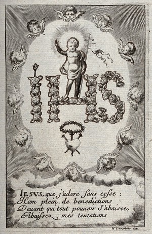 view The triumphant Christ Child standing on the Jesuit monogram, above instruments of the Passion; surrounded by cherubim. Engraving.