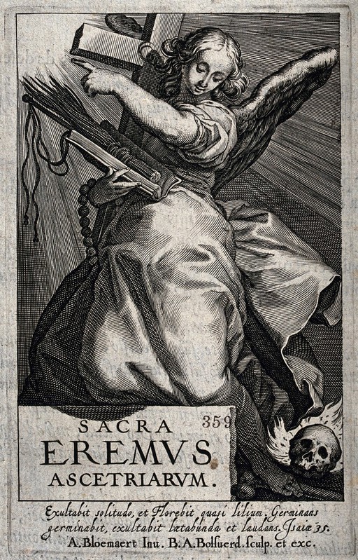 An angel with the instruments of the Passion and a burning skull. Engraving by B.A. Bolswert after A. Bloemaert.