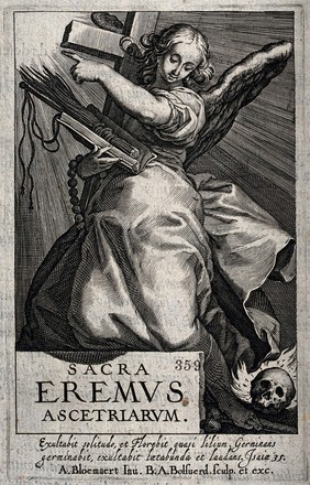 An angel with the instruments of the Passion and a burning skull. Engraving by B. a Bolswert after A. Bloemaert.