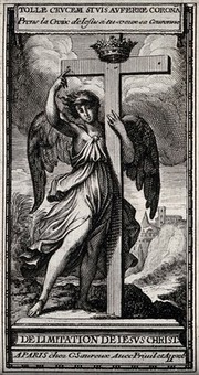 An angel (representing religion?) presenting the cross. Etching after L. Baugin.