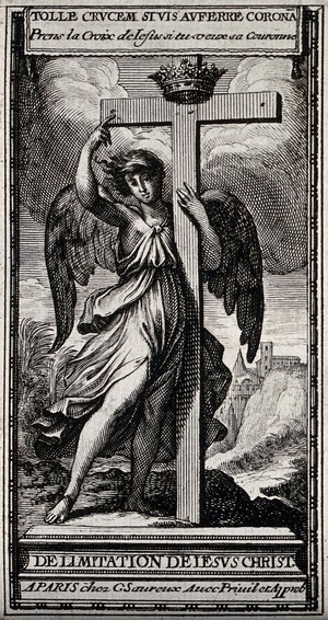 view An angel (representing religion?) presenting the cross. Etching after L. Baugin.