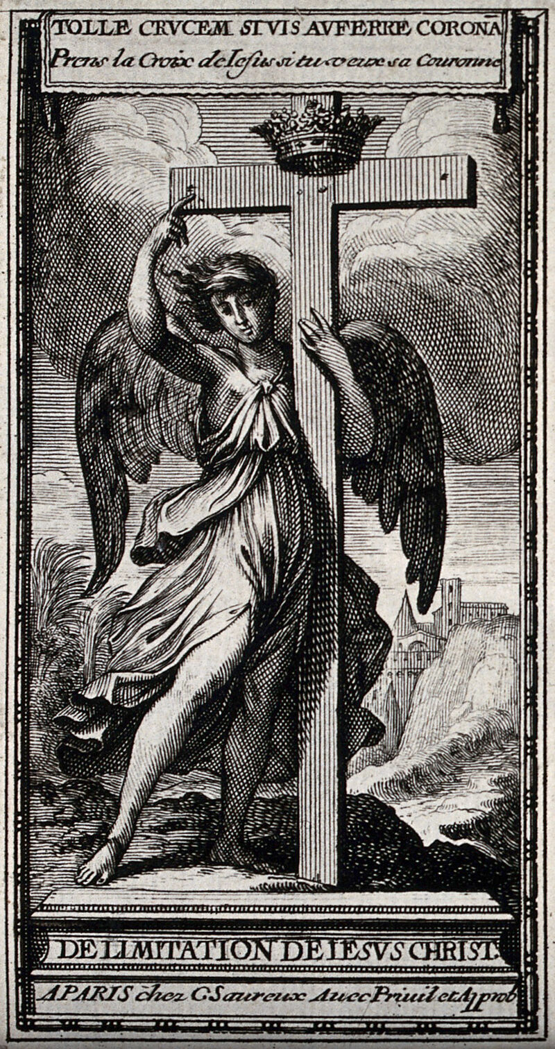 An angel (representing religion?) presenting the cross. Etching after L. Baugin., 1660-1669, by Lubin Baugin