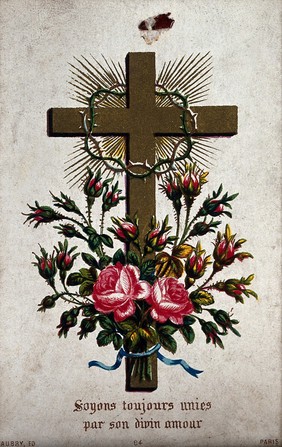 The Cross and Crown of Thorns with a bunch of roses. Chromolithograph.