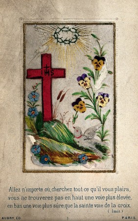 The Cross surrounded by flowers and a bird. Collage of silk and watercolour.