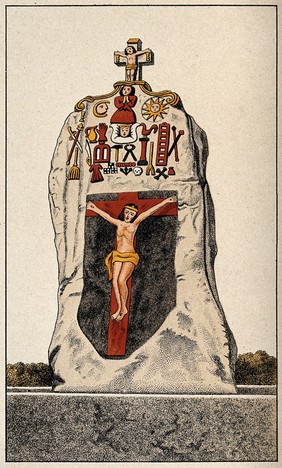 The menhir of Saint-Uzec, in Pleumeur-Bodou, Brittany. Colour lithograph after A. de Mortillet.