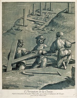 view The discovery of the Cross. Colour woodcut by N. Le Sueur after B. Betti, il Pintoricchio.