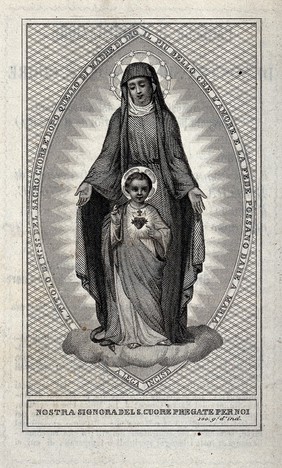 The Virgin of the Sacred Heart. Engraving by A. Lega.