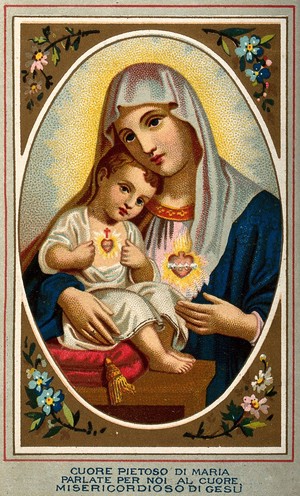 view The Virgin with the Christ Child showing their hearts. Colour lithograph.