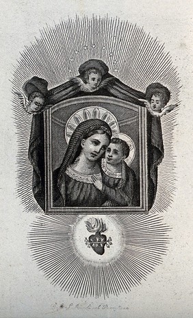 The Virgin and Child presented by three cherubim, underneath the Sacred Heart. Engraving.