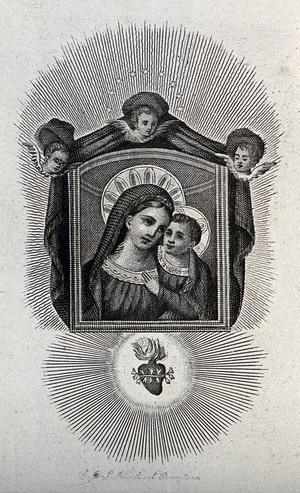 view The Virgin and Child presented by three cherubim, underneath the Sacred Heart. Engraving.