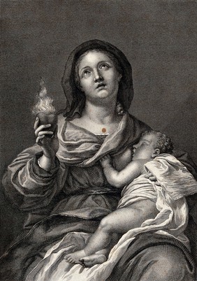 The suckling Virgin holding the Sacred Heart. Engraving by Antonio Morghen after Carlo Dolci.