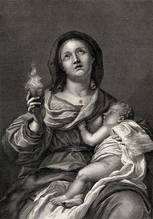 view The suckling Virgin holding the Sacred Heart. Engraving by Antonio Morghen after Carlo Dolci.