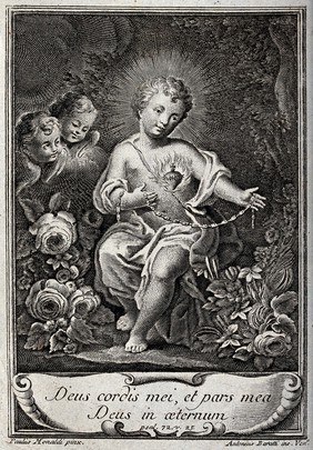 Christ as a boy displaying his Sacred Heart. Engraving by A. Baratti after P. Monaldi.