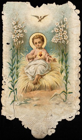 The Christ Child sitting on straw between lilies under the dove of the Holy Spirit and showing his Sacred Heart. Colour lithograph.