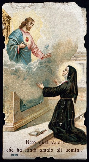 view Christ appearing to S. Marguerite-Marie Alacoque and showing the Sacred Heart. Colour lithograph, ca. 1912.