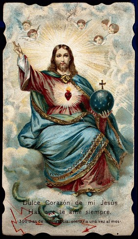 Christ enthroned, holding the globe and displaying the Sacred Heart. Colour lithograph.