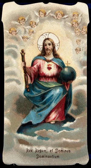 view Christ enthroned with globe and sceptre, displaying his Sacred Heart. Colour lithograph.