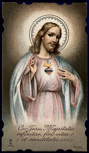 view Christ showing his Sacred Heart. Colour lithograph.